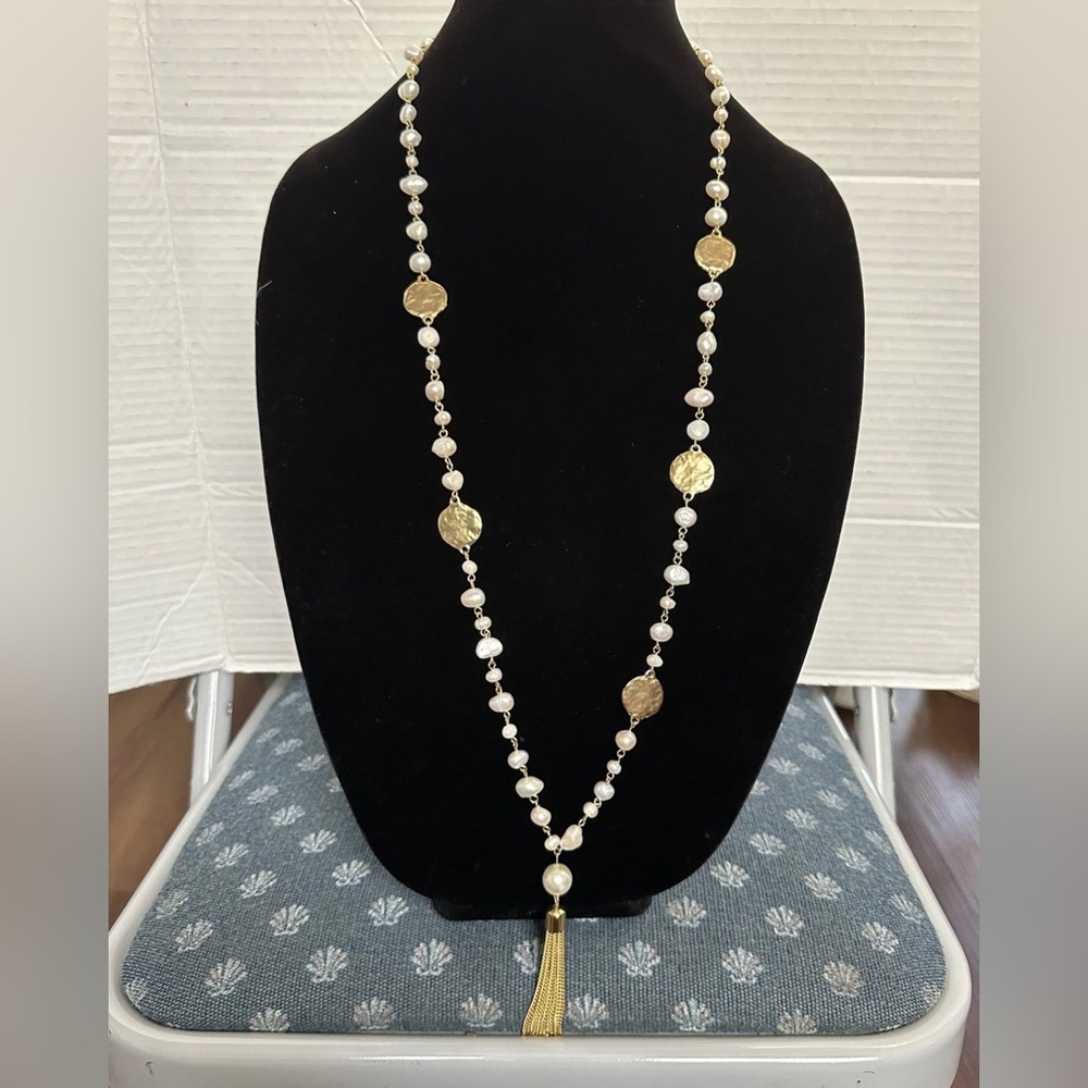 Designer Karine Sultan Freshwater Pearl Gold Tone Tassel Necklace - Picture 2 of 7
